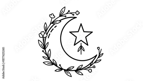 Crescent Moon with Star and Floral Wreath Line Art Illustration