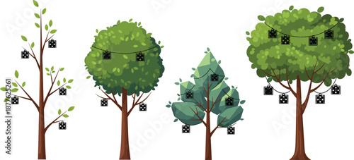 Beautiful decorative trees with lanterns hanging on branches, festive outdoor garden illustration, nature celebration concept, vector design for seasonal decoration