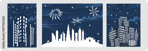 New Year's Eve Party city view with fireworks, new year's eve background.