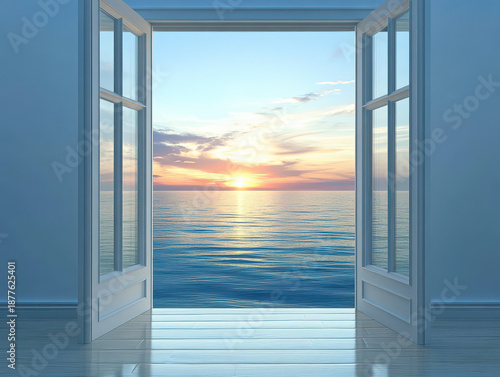 Open door to ocean sunset