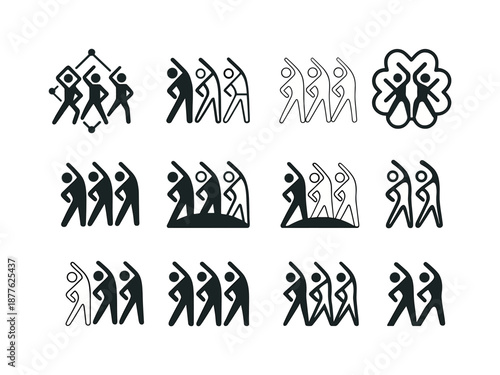 Group Fitness Icons. Group fitness. Icon set. Set Logo of group fitness: group warm-up stretch. harmonious logo variations: Abstract geometric, Flat solid,