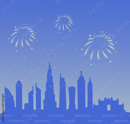 New Year's Eve Party city view with fireworks, new year's eve background.