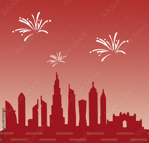 New Year's Eve Party city view with fireworks, new year's eve background.