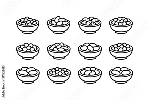 Cooked Beans Icons. Types of Cooked Beans. Line icon set of Types of Cooked Beans: black beans, kidney beans, pinto beans, navy beans, chickpeas, cannellini