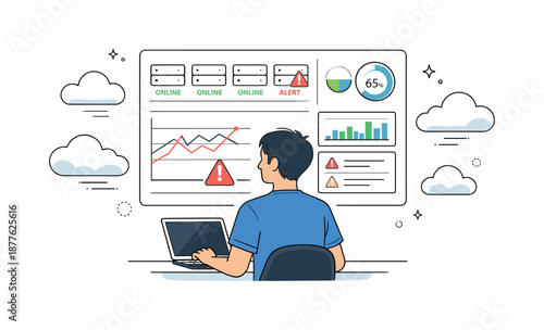 Cloud Monitoring Dashboard. Cloud infrastructure monitoring. Engineer observing a dashboard with server status, graphs, and alert icons, ensuring system