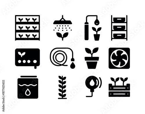 Vertical Farming Icons. Vertical farming. Solid icon set of vertical farming: stacked grow racks, LED panel, nutrient dripper, modular shelf, control unit,