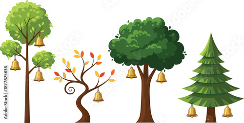 Beautiful festive trees decorated with golden bells, holiday celebration vector illustration, Christmas design, seasonal decoration, festive nature, winter celebration, art