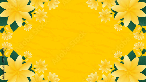 Yellow floral frame background with blooming flowers and copy space for spring sale or womens day.
