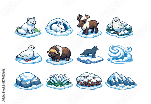 Tundra Wildlife Icons. Snowy tundra wildlife. Colorful isometric vector icons set of snowy tundra wildlife: arctic fox on tundra, snow hare in dip, caribou on