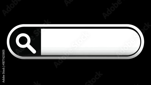 A white search bar with a magnifying glass icon, on black background, web design element
