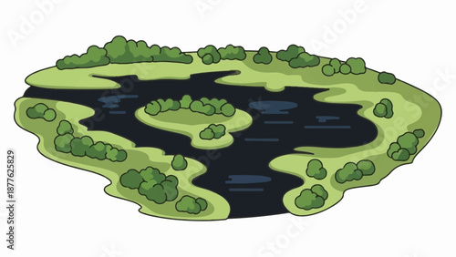 A stylized aerial view of a dark blue pond with green grassy islands dotted with trees