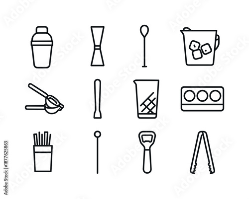 Bar Essentials Icons. Party drinks. Line icon set of bar essentials: cocktail shaker, jigger, bar spoon, ice bucket, citrus squeezer, muddler, mixing glass,