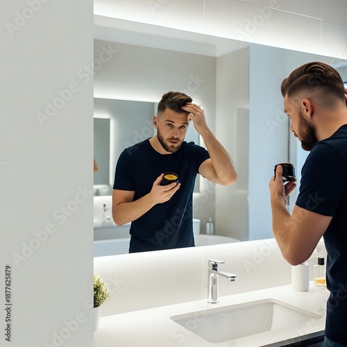 Young bearded man applying hair styling product in modern bathroom mirror reflection. Morning grooming routine and male personal care concept.