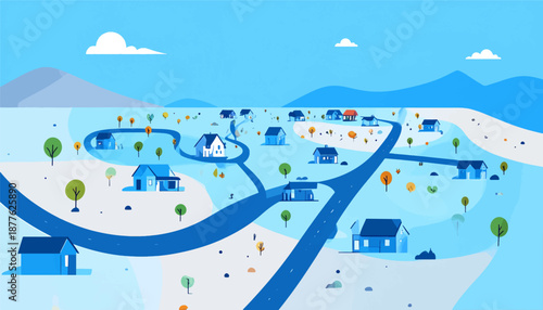 A stylized, aerial view of a tranquil suburban neighborhood with blue houses, roads, and trees under a bright sky