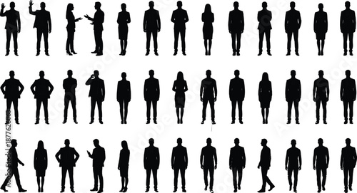 Business people silhouettes mega set featuring professional men and women standing walking talking corporate office poses isolated vector illustration