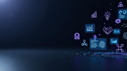 Digital technology icons floating above laptop screen in dark blue futuristic business environment for corporate presentations and tech solutions.