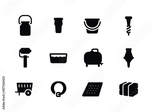 Dairy Farm Icons. Dairy farm equipment. Solid icon set of dairy farm equipment: milk pail, teat dip cup, feed bucket, feed auger, brush roller, hoof bath,