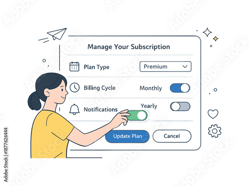 Interactive Plan Adjustment. User subscription self-service. A customer adjusting plan settings on a simple interface. Empowerment and ease of use, toggle
