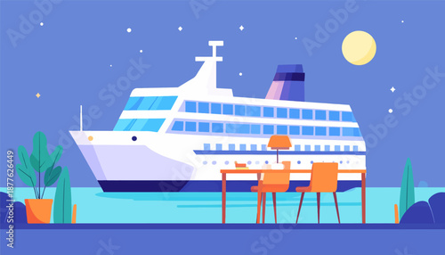 A serene night scene featuring a large passenger ship docked by a calm body of water, with a table and chairs set