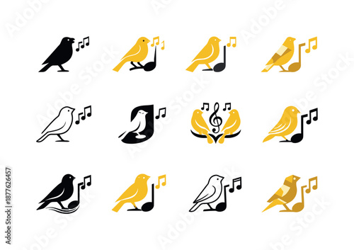 Canary Logo Designs. canaries. Icon set. Set Logo of canaries: canary with musical notes. harmonious logo variations of the same emblematic concept, each with