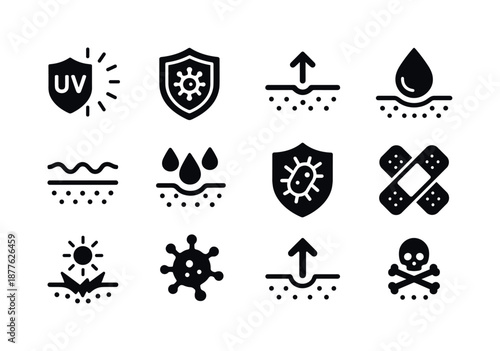 Skin Protection Icons. Skin protection mechanisms. Solid icon set of skin protection mechanisms: UV shield, pathogen barrier icon, abrasion protection symbol,
