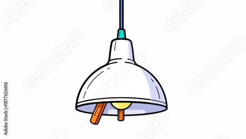 A simple cartoon illustration of a white pendant light fixture with a light bulb and wooden accents