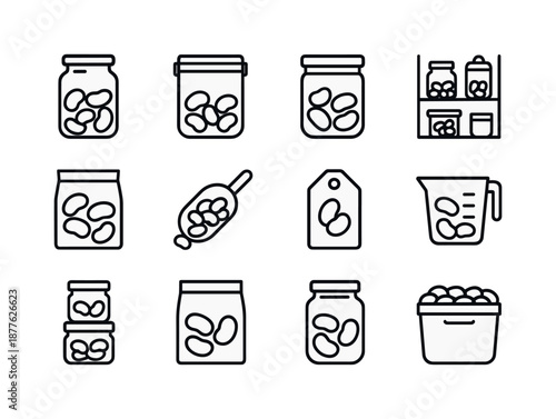 Bean Storage Icons. Bean Storage. Line icon set of Bean Storage: glass jar, airtight container, canister, pantry shelf, storage bag, scoop, label