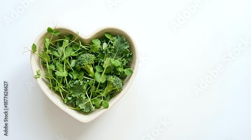 Fresh green leafy vegetables in heart-shaped bowl on white background promoting healthy eating and nutrition lifestyle choices.