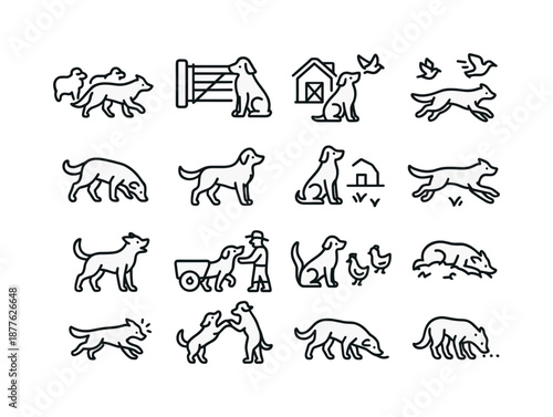 Farm Dog Activities Icons. Farm dog. Line icon set of farm dog activities: herding sheep, guarding gate, chasing birds, sniffing ground, sitting by barn,