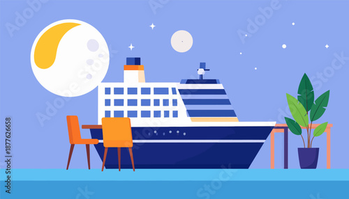 A serene night scene featuring a large ship, moon, stars, and outdoor seating