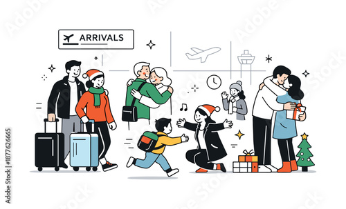 Holiday Travel Reunion. Holiday airport travel arrival. Travelers walking through the terminal with luggage and welcoming gestures. Sense of relief, reunion,