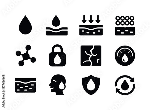 Skin Hydration Icons. Skin hydration and moisture balance. Solid icon set of skin hydration and moisture balance: hydration droplet, moisture barrier icon,