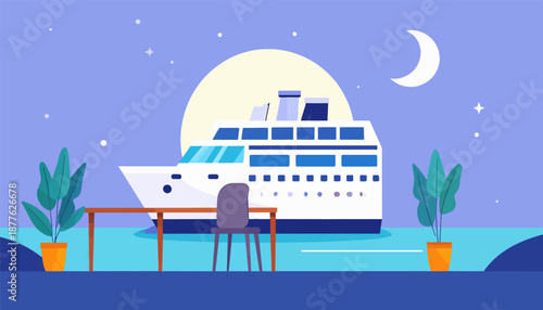 A serene night scene featuring a large ship docked beside a table and chair setup
