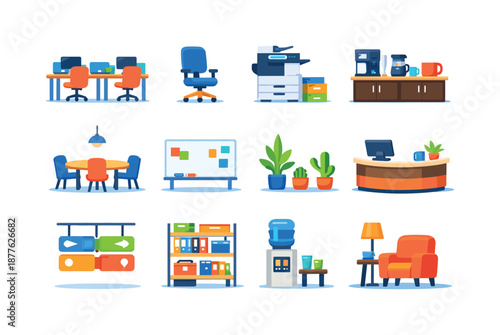 Office Icons Grid. Office Environment. Colorful flat vector icons set of Office Environment: desk row, office chair, printer station, coffee station, meeting