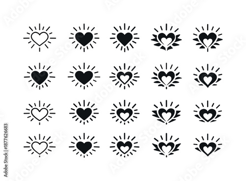 Grateful Heart Logos. grateful heart. Icon set. Set Logo of grateful heart: abstract grateful symbol merging heart and rays. harmonious logo variations of the