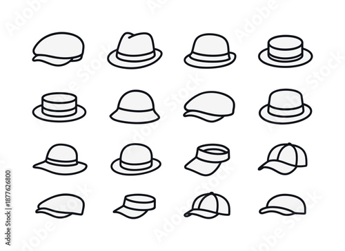 Vintage Hat Icons. Vintage hats. Line icon set of Vintage hats: newsboy cap, fedora, trilby, bowler hat, boater hat, cloche hat, flat cap, pork pie hat,