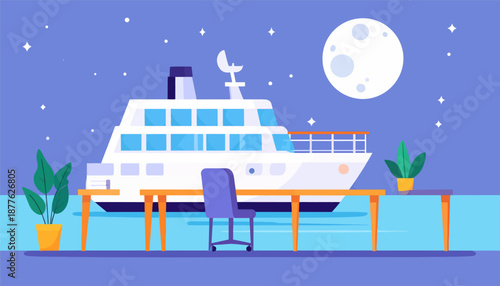 A serene night scene with a large ship docked under a full moon and starry sky, with a desk and chair setup