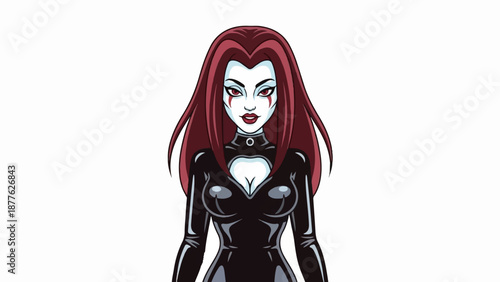A stylized, animated portrait of a gothic woman with long dark red hair and pale skin