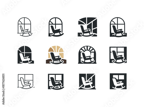 Rocking Chair Icons. Rocking chair by the window. Icon set. Set Logo of rocking chair by the window: window frame geometry with rocker. harmonious logo