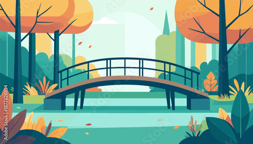 A stylized arched bridge spans a serene river amidst an autumnal forest with a pale sky