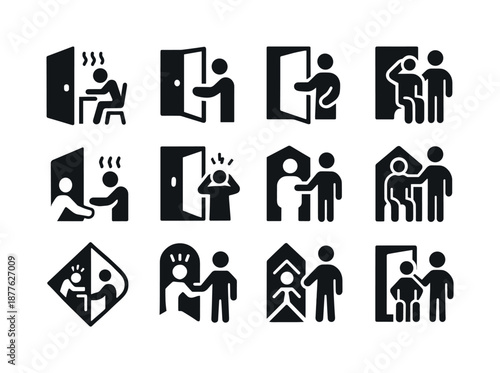 Workplace Stress Icons. Handling workplace stress and managerial support. Icon set. Set Logo of Handling workplace stress and managerial support: Open door for