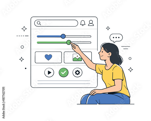 Sleek App Interaction. Human-centered interface design. Individual interacting with a simple app layout, sliders and icons responding smoothly. Feeling of