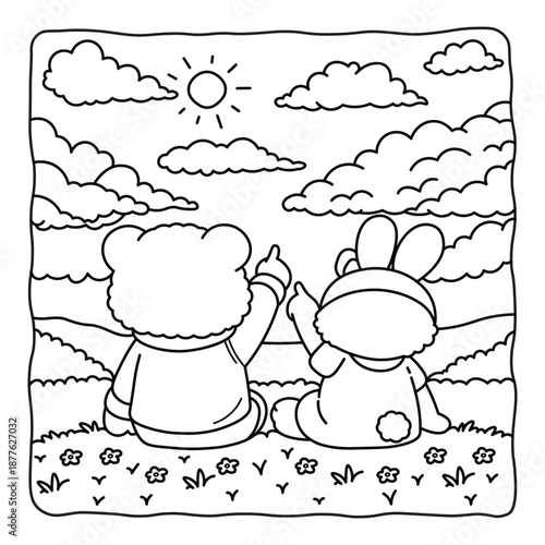 Peaceful Daydream with Bear and Bunny Under the Clouds | Adorable Nature Coloring Page