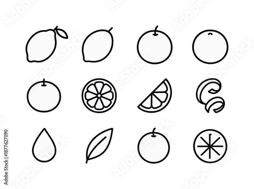 Citrus Icon Set. Citrus fruits. Line icon set of Citrus fruits: lemon, lime, orange, grapefruit, tangerine, citrus slice, citrus wedge, peel spiral, juice