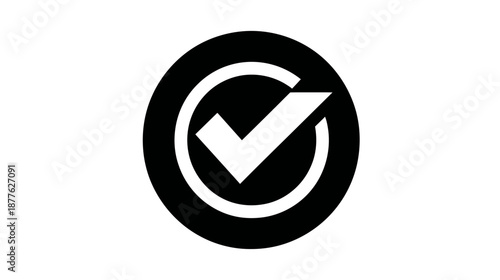 Black and white icon of a white check mark inside of a white ring inside a black circle