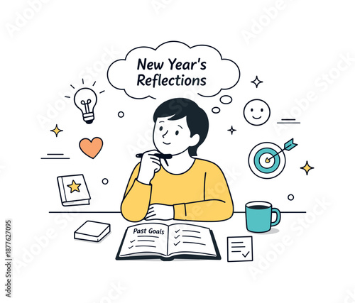 Reflective New Year's Resolutions. Making New Year?s resolutions reflection. Person looking thoughtfully at past notes while holding a pen. Self-awareness,