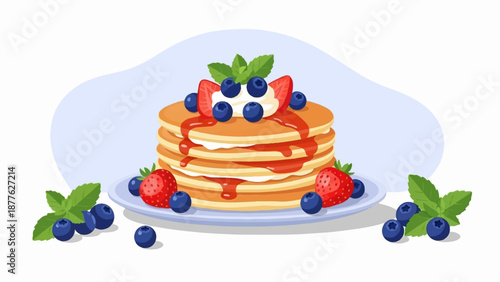 A stack of golden pancakes topped with fresh berries, creamy topping, and drizzled with sweet syrup