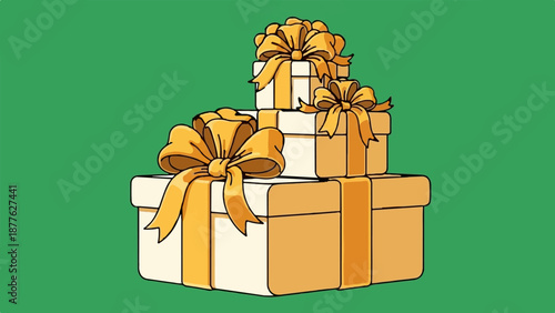 A stack of three cream-colored boxes with gold ribbons and bows on a green background