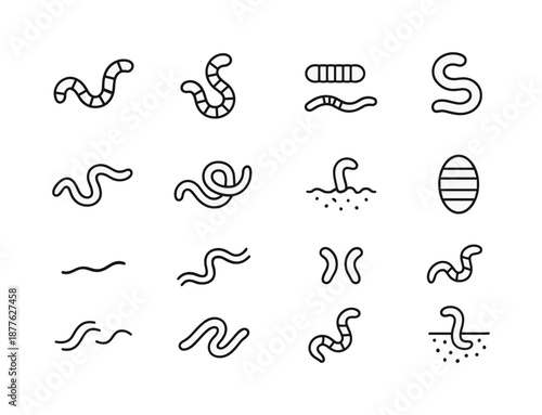 Worm Icon Set. Worms. Line icon set of worms: earthworm, compost worm, segmented worm outline, curled worm, stretched worm, worm burrow path, worm emerging
