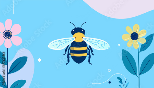 A stylized bee hovers amongst colorful flowers against a soft blue background